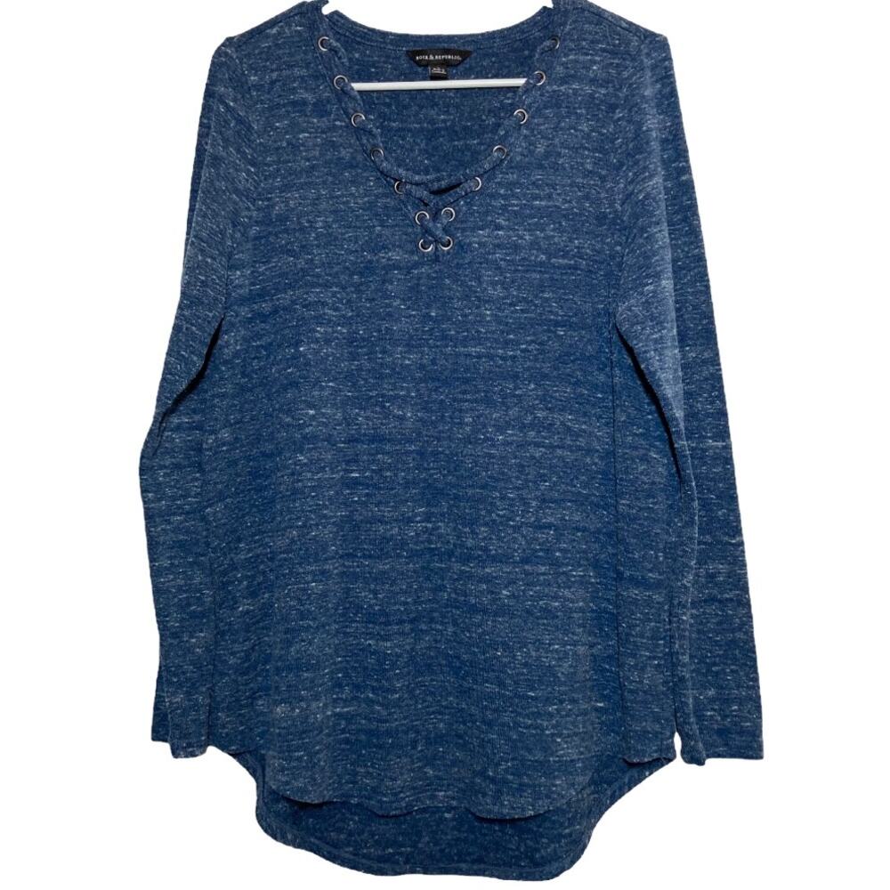 Rock & Republic Tunic Top Round Hem Long Sleeve Lace Up Neckline Heather Blue L